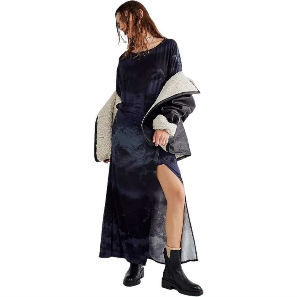 Free People Alyssa Wrap Dress In Night Sky Knit Tie Dye Print Classic